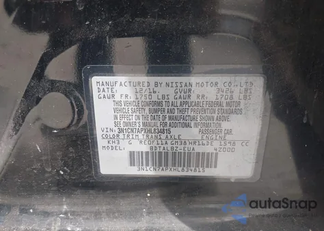 2017 Nissan Versa S/S Plus/Sv/Sl from USA, damaged, VIN 3N1CN7APXHL834815